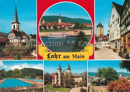 AK / Ansichtskarte Lohr_Main Kirche Blick ueber den Main Altstadt Bayersturm Freibad Schloss Schweinskulptur Lohr_Main