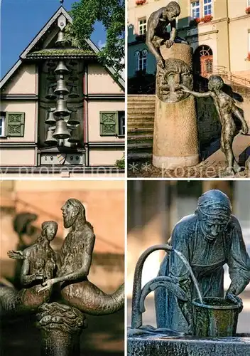 AK / Ansichtskarte Plochingen Kunstwerke Glockenspiel Figurengruppe am Rathaus Wolfgang Theurer Detail Marktbrunnen K. U. Nuss Fischbrunnen Plochingen