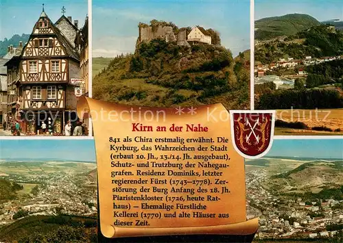 AK / Ansichtskarte Kirn_Nahe Fachwerkhaus Altstadt Burgruine Landschaftspanorama Chronik Wappen Kirn_Nahe