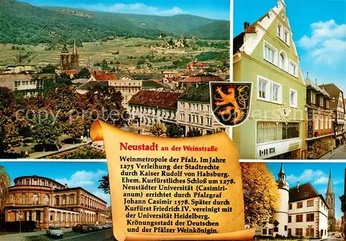 AK / Ansichtskarte Neustadt_Weinstrasse Panorama Saalbau ehemaliges Kurfuerstliches Schloss Casimirianum Chronik Wappen Neustadt_Weinstrasse