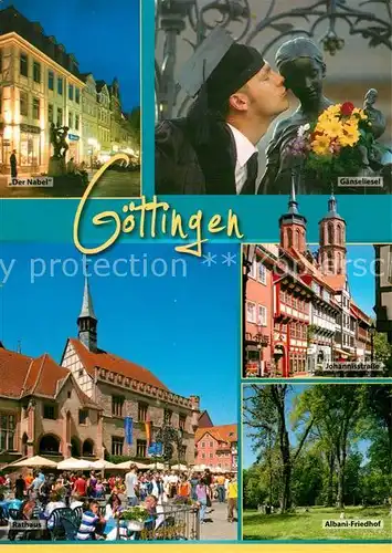 AK / Ansichtskarte Goettingen_Niedersachsen Der Nabel Gaenseliesel Brunnen Rathaus Marktplatz Strassencafes Albani Friedhof Goettingen Niedersachsen