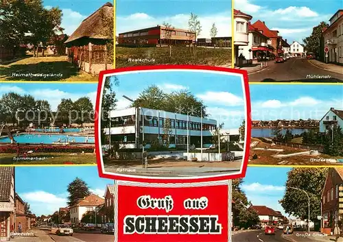 AK / Ansichtskarte Scheessel Heimathaus Realschule Muehlenstrasse Sommerbad Rathaus Heidesee Bahnhofstrasse Grosse Strasse Scheessel