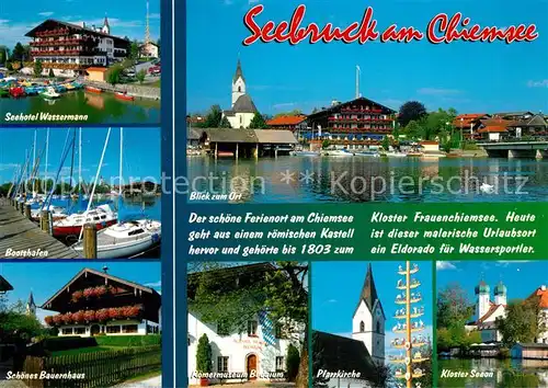 AK / Ansichtskarte Chiemsee Seehotel Wassermann Bootshafen Schoenes Bauernhaus Seepartie Roemermuseum Pfarrkirche Kloster Seeon Chiemsee