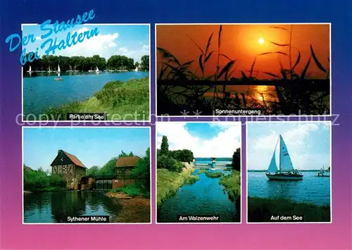 AK / Ansichtskarte Haltern_See Seepartien Sonnenuntergang Sythener Muehle Am Walzenwehr Segelboot Haltern See