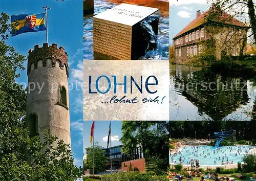 AK / Ansichtskarte Lohne Schlossturm Monument Weiher Rathaus Schwimmbad Lohne