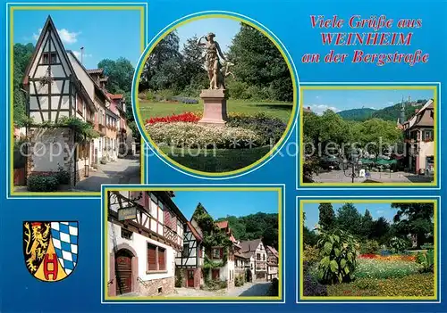 AK / Ansichtskarte Weinheim_Bergstrasse Altstadt Fachwerkhaeuser Denkmal Statue Park Weinheim_Bergstrasse