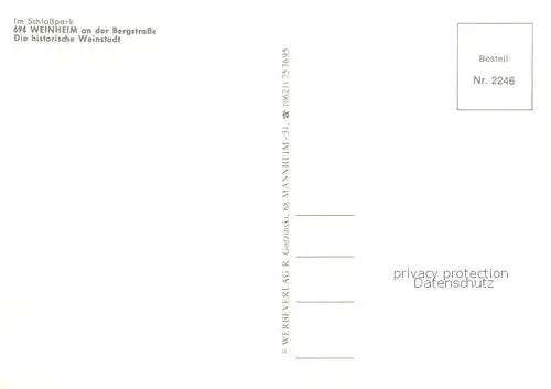 AK / Ansichtskarte Weinheim_Bergstrasse Schloss Schlosspark Teich Historische Weinstadt Weinheim_Bergstrasse