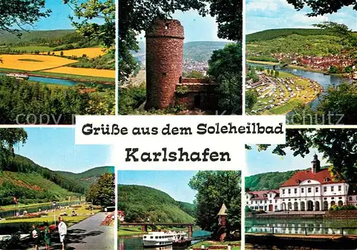 AK / Ansichtskarte Bad_Karlshafen Panorama Weserbergland Burgruine Uferpromenade Rathaus Dampfer Bad_Karlshafen