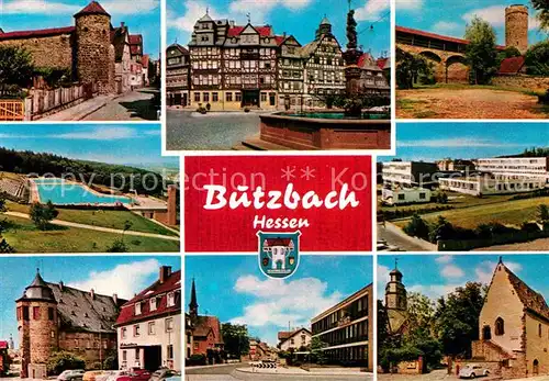 AK / Ansichtskarte Butzbach Altstadt Stadtmauer Turm Marktplatz Brunnen Fachwerkhaeuser Freibad Butzbach