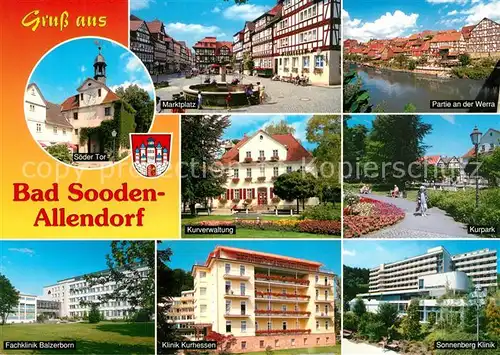 AK / Ansichtskarte Bad_Sooden Allendorf Marktplatz Fachwerkhaeuser Kurverwaltung Werra Kurpark Klinik Bad_Sooden Allendorf
