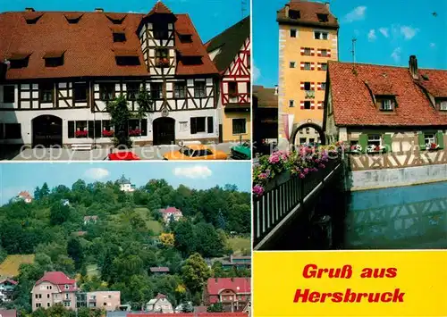 AK / Ansichtskarte Hersbruck Altstadt Fachwerkhaus Teilansicht Torbogen Bruecke Partie am Fluss Hersbruck