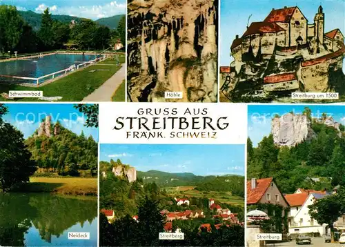 AK / Ansichtskarte Streitberg_Oberfranken Freibad Hoehle Burg Neideck Streitburg um 1500 Landschaftspanorama Naturpark Fraenkische Schweiz Streitberg Oberfranken