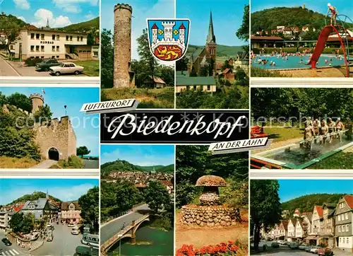 AK / Ansichtskarte Biedenkopf Kurbad Burg Turm Bruecke Kirche Freibad Wassertreten Biedenkopf