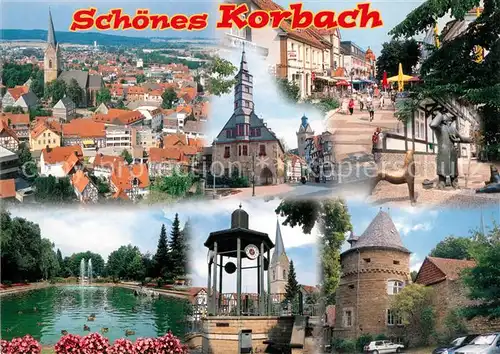 AK / Ansichtskarte Korbach Stadtpanorama Rathaus Fussgaengerzone Skulpturen Freibad Turm Korbach