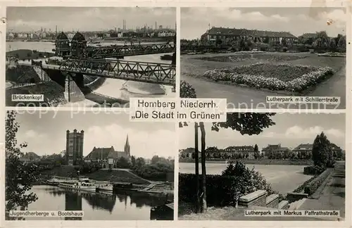 AK / Ansichtskarte Homberg_Niederrhein Brueckenkopf Lutherpark mit Schillerstrasse Jugendherberge und Bootshaus Lutherpark mit Markus Paffrathstrasse Homberg Niederrhein