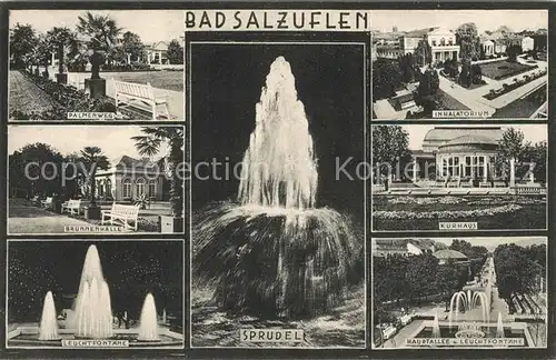 AK / Ansichtskarte Bad_Salzuflen Palmenweg Brunnenhalle Leuchtfontaene Sprudel Inhalatorium Kurhaus Hauptallee Leuchtfontaene Bad_Salzuflen