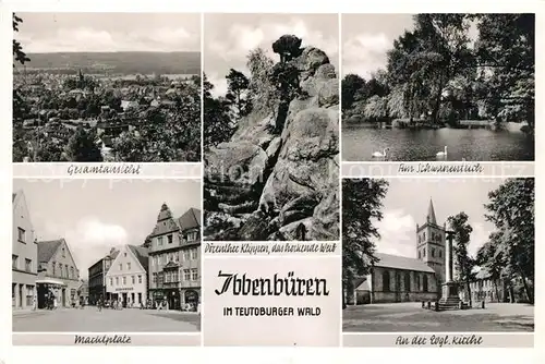 AK / Ansichtskarte Ibbenbueren Panorama Doerenther Klippen Das hockende Weib Am Schwanenteich Marktplatz Ev Kirche Ibbenbueren