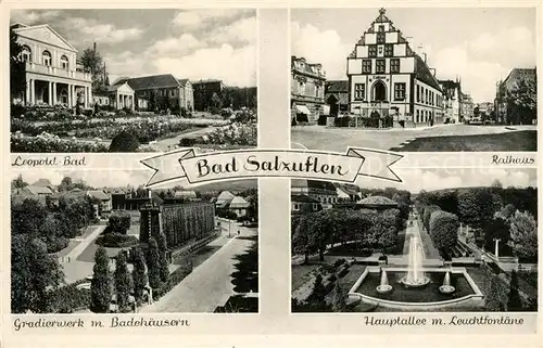 AK / Ansichtskarte Bad_Salzuflen Leopold Bad Rathaus Gradierwerk mit Badehaeusern Hauptallee mit Leuchtfontaene Bad_Salzuflen
