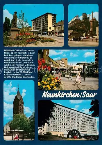 AK / Ansichtskarte Neunkirchen_Saar Denkmal Eisenwerk Innenstadt Fussgaengerzone Kirche Rathaus Neunkirchen Saar