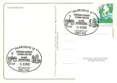 AK / Ansichtskarte Saarlouis Rathaus Brunnen Platz St Ludwig Kirche Sonderstempel 50 Jahre Rodeker Notkreuz Saarlouis