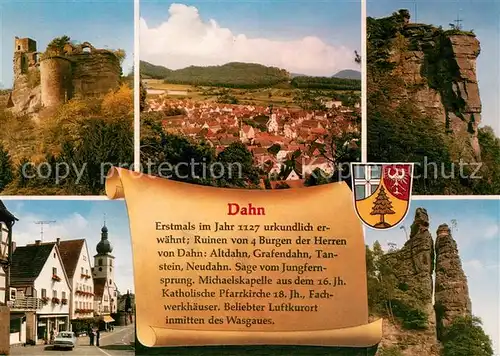 AK / Ansichtskarte Dahn Burgruine Stadtpanorama Felsen Innenstadt Chronik Wappen Dahn