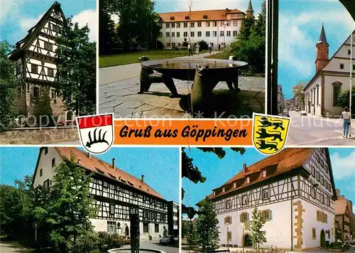 AK / Ansichtskarte Goeppingen Staedtisches Museum im Storchen Schloss Stadtkirche Marstall Brunnen Kornhaus Fachwerkhaeuser Wappen Goeppingen