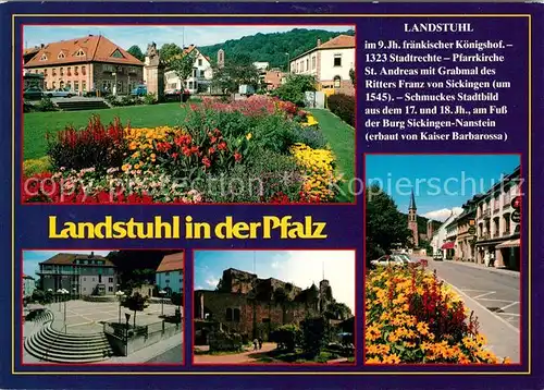 AK / Ansichtskarte Landstuhl Parkanlagen Blumenbeet Platz Ruine Innenstadt Kirche Chronik Sonderstempel 20 Jahre Staedtepartnerschaft Landstuhl
