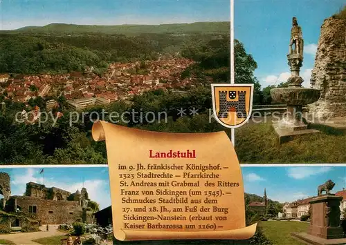 AK / Ansichtskarte Landstuhl Stadtpanorama Burgruine Denkmal Loewenskulptur Chronik Wappen Landstuhl