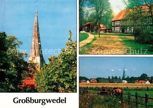 AK / Ansichtskarte Grossburgwedel Kirche Fachwerkhaus Blick ueber die Felder Pferdekoppel Grossburgwedel