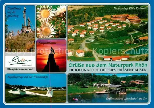 AK / Ansichtskarte Friesenhausen_Fulda Gipfelkreuz Milseburg Distel Segelflugzeuge Wasserkuppe Restaurant See Ferienanlage Rhoen Residence Fliegeraufnahme Naturpark Rhoen Friesenhausen Fulda