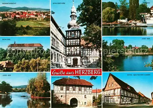 AK / Ansichtskarte Herzberg_Harz Gesamtansicht Schloss Juessee Schloss Turm Hotel Freibad Herzberg Harz