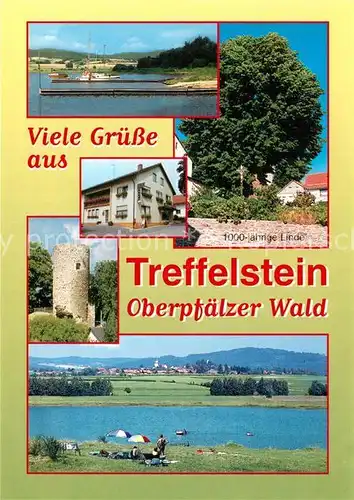 AK / Ansichtskarte Treffelstein Silbersee 1000jaehrige Linde Gasthaus Drachenturm Landschaftspanorama Treffelstein