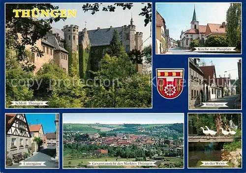 AK / Ansichtskarte Thuengen Schloss Kirche Planplatz Gasse Schwaene an der Wern Fliegeraufnahme Thuengen