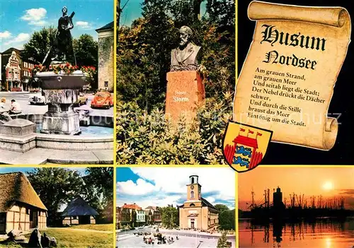 AK / Ansichtskarte Husum_Nordfriesland Brunnen Reetdachhaeuser Kirche Theodor Storm Denkmal Bueste Sonnenuntergang am Meer Husum_Nordfriesland