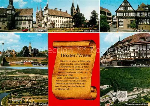 AK / Ansichtskarte Hoexter_Weser Rathaus Schloss Corvey Dechanei Weser Dampfer Fachwerkhaeuser Weserbergland Klinik Fliegeraufnahme Hoexter Weser