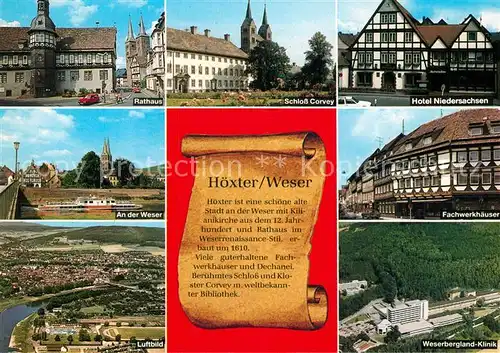 AK / Ansichtskarte Hoexter_Weser Rathaus Schloss Corvey Hotel Fachwerkhaeuser Weser Dampfer Weserbergland Klinik Fliegeraufnahme Hoexter Weser