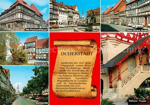 AK / Ansichtskarte Duderstadt Fachwerkhaeuser Markt Brunnen Strassenpartie Mariensaeule Rathaus Treppe Chronik Duderstadt