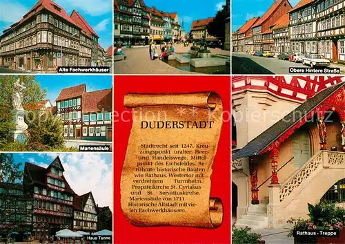 AK / Ansichtskarte Duderstadt Fachwerkhaeuser Marktplatz Strassenpartie Mariensaeule Haus Tanne Rathaus Treppe Chronik Duderstadt