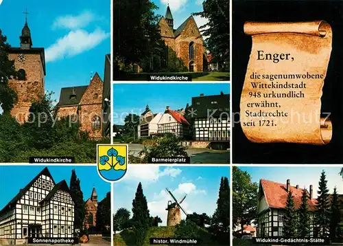 AK / Ansichtskarte Enger Widukindkirche Barmeierplatz Sonnenapotheke Historische Windmuehle Widukind Gedaechtnisstaette Enger