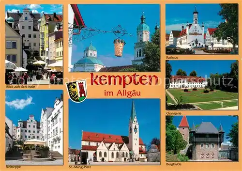 AK / Ansichtskarte Kempten_Allgaeu Schloessle Innenstadt Freitreppe St Mang Platz Kirche Burghalde Orangerie Rathaus Kempten Allgaeu