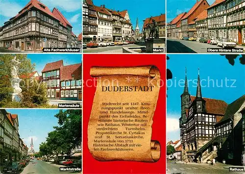 AK / Ansichtskarte Duderstadt Fachwerkhaeuser Mariensaeule Marktstrasse Rathaus Hintere Strasse Markt Chronik Duderstadt