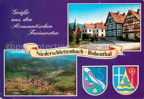 AK / Ansichtskarte Niederschlettenbach Bobenthal Naturpark Pfaelzer Wald Fliegeraufnahme Dorfpartie Fachwerkhaeuser Wappen Niederschlettenbach