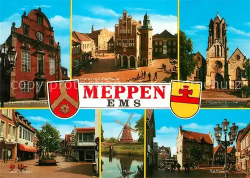 AK / Ansichtskarte Meppen Kirche Markt Rathaus Bahnhofstrasse Windmuehle Wappen Meppen