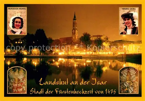 AK / Ansichtskarte Landshut_Isar Stadt der Fuerstenhochzeit von 1479 Blick ueber die Isar Kirche Nachtaufnahme Landshut Isar