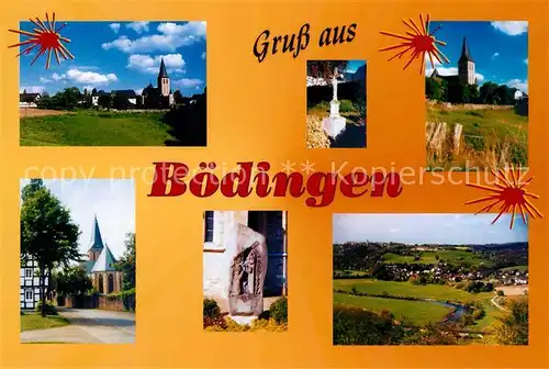 AK / Ansichtskarte Boedingen Ortsansicht mit Kirche Gedenkstein Kreuz Landschaftspanorama Boedingen