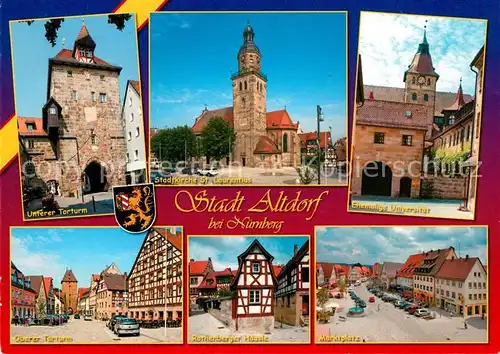 AK / Ansichtskarte Altdorf_Nuernberg Unterer Torturm Stadtkirche St Laurentius Ehem Universitaet Oberer Torturm Rothenberger Haeusle Marktplatz Altdorf Nuernberg