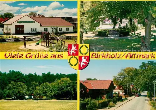 AK / Ansichtskarte Birkholz_Tangerhuette Dorfgemeinschaftshaus Dorfplatz Fussballplatz Tangerhuetter Strasse Wappen Birkholz Tangerhuette