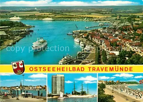 AK / Ansichtskarte Travemuende_Ostseebad Fliegeraufnahme Strand Promenade Hotel Segelschiff Kai Travemuende_Ostseebad