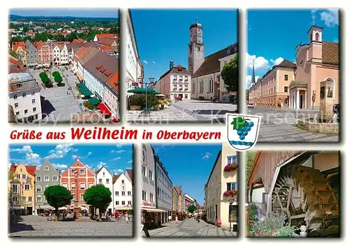 AK / Ansichtskarte Weilheim_Oberbayern Stadtpanorama Motive Innenstadt Fussgaengerzone Wasserrad Kirche Brunnen Weilheim Oberbayern