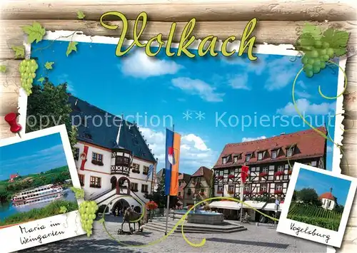 AK / Ansichtskarte Volkach Marktplatz Brunnen Fachwerkhaus Maria im Weingarten Fahrgastschiff Vogelsburg Volkach